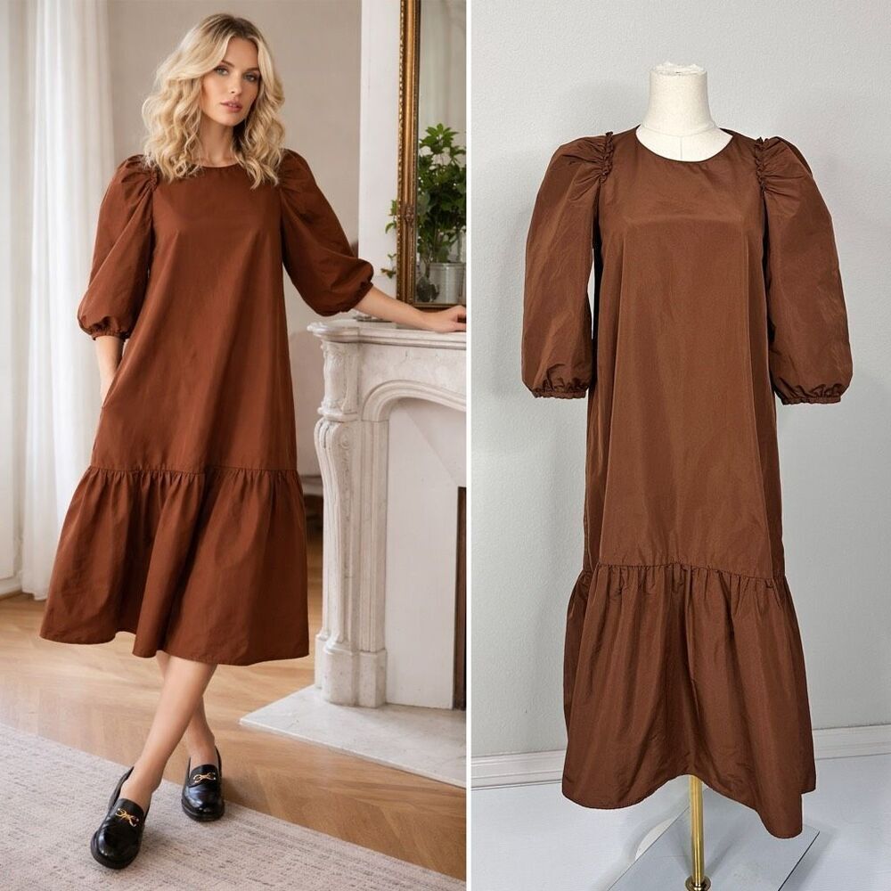 Zara Voluminous Taffeta Midi Dress XS Preppy Pockets Minimalist Cottage Prairie